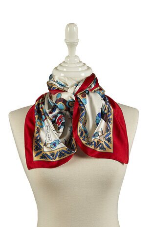 Gold Red Cintemani Pattern Narrow Silky Foulard - Thumbnail