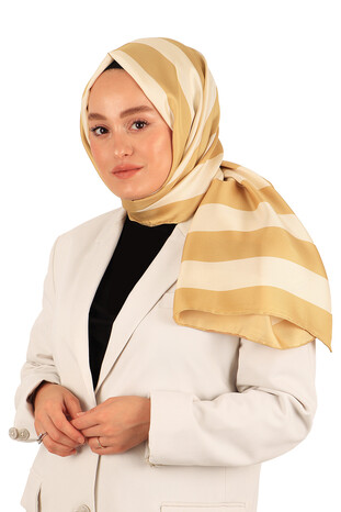 Gold Stripe Pattern Twill Silk Scarf - Thumbnail