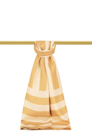 Gold Stripe Pattern Twill Silk Scarf - Thumbnail