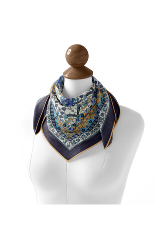 Gold Tile Tulip Pattern Soft Square Scarf - Thumbnail