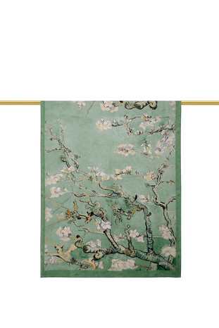 Grass Green Almond Blossom Pattern Voile Silk Scarf - Thumbnail