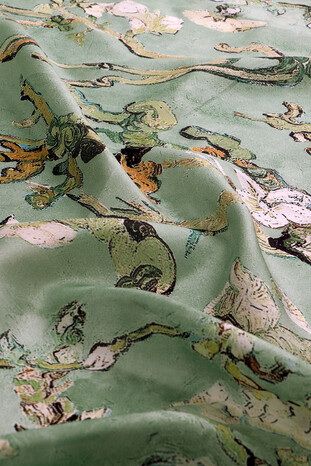 Grass Green Almond Blossom Pattern Voile Silk Scarf - Thumbnail