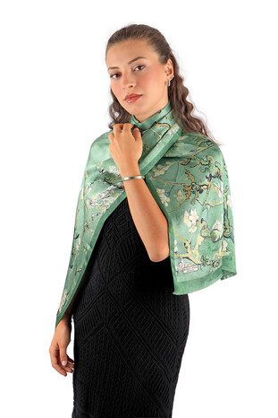 Grass Green Almond Blossom Silk Foulard - Thumbnail