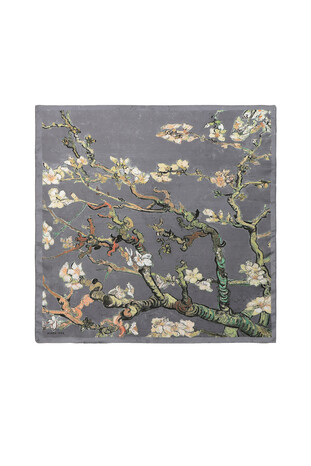 Gray Almond Blossom Pattern Silky Pocket Square - Thumbnail