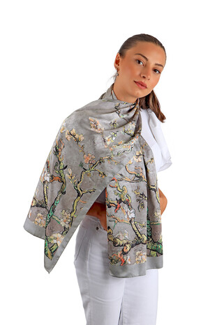 Gray Almond Blossom Silky Foulard - Thumbnail