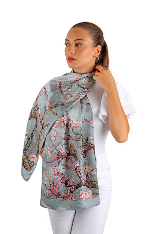 Gray Almond Blossom Silky Foulard - Thumbnail