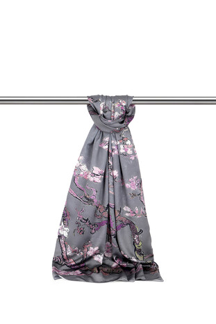 Gray Almond Blossom Silky Scarf - Thumbnail