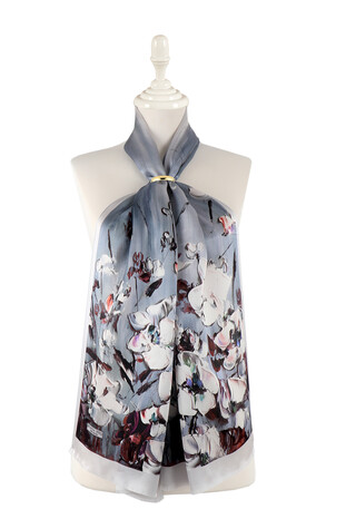 Gray Anemone Pattern Silk Foulard - Thumbnail