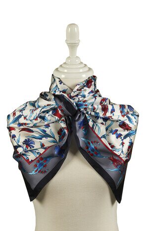 Gray Black Carnation Tulip Pattern Wide Silky Foulard - Thumbnail