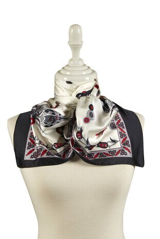 Gray Black Cintemani Pattern Narrow Silky Foulard - Thumbnail