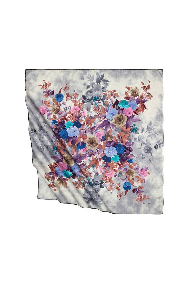 Gray Bouquet Pattern Silk Square Scarf 