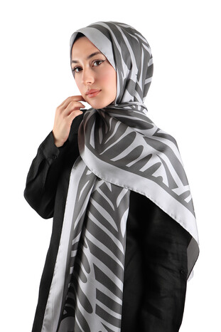 Gray Crop Pattern Twill Silk Scarf - Thumbnail