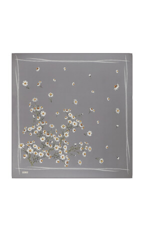 Gray Daisy Pattern Twill Silk Square Scarf - Thumbnail