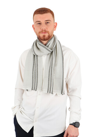 Gray Ecru Patterned Men's Wool Scarf - Thumbnail