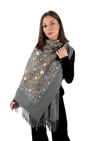 Gray Embroidered Winter Shawl - Thumbnail