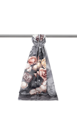 Gray Floral Pattern Silky Scarf - Thumbnail