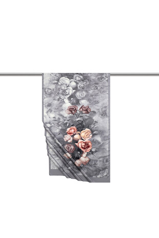 Gray Floral Pattern Silky Scarf - Thumbnail