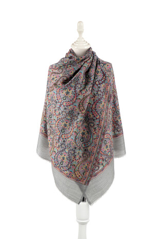 Gray Jacquard Patterned Wool Shawl - Thumbnail