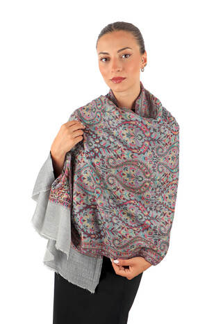 Gray Jacquard Patterned Wool Shawl - Thumbnail