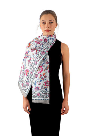 Gray Lily Pattern Voile Silk Foulard - Thumbnail