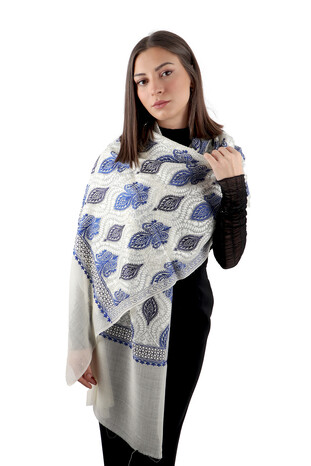 Gray Navy Blue Suzani Embroidered Wool Silk Shawl - Thumbnail