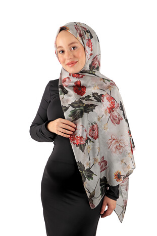 Gray Patterned Voile Silk Imported Scarf - Thumbnail