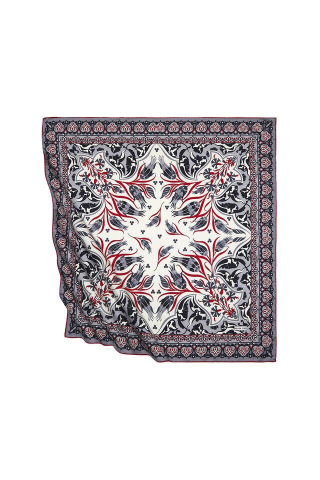 Gray Red Turkish Patterned Çintemani Carnation Pattern Silky Square Scarf 