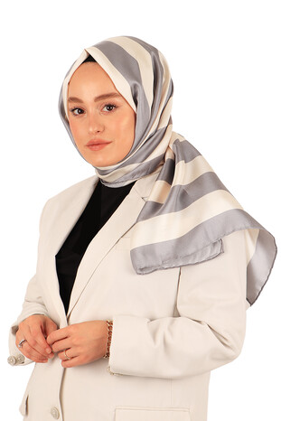 Gray Stripe Pattern Twill Silk Scarf - Thumbnail