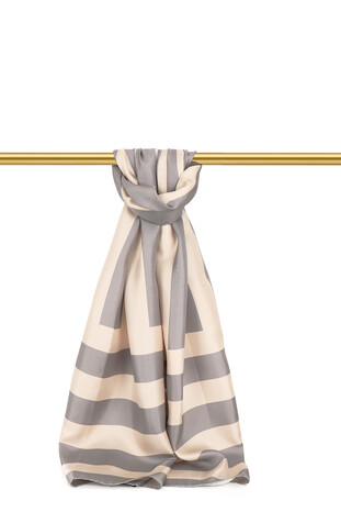 Gray Stripe Pattern Twill Silk Scarf - Thumbnail