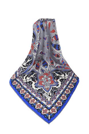 Gray Turkish Patterned Cintemani Carnation Pattern Silky Square Scarf - Thumbnail