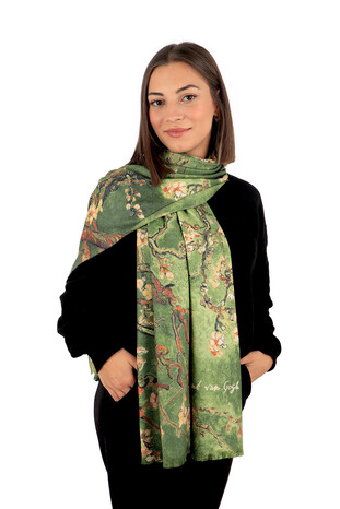 Green Almond Blossom Pattern Winter Shawl - Thumbnail