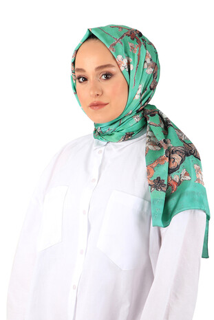 Green Almond Blossom Silky Scarf - Thumbnail