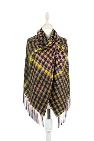 Green Brown Houndstooth Pattern Winter Shawl - Thumbnail