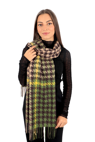 Green Brown Houndstooth Pattern Winter Shawl - Thumbnail