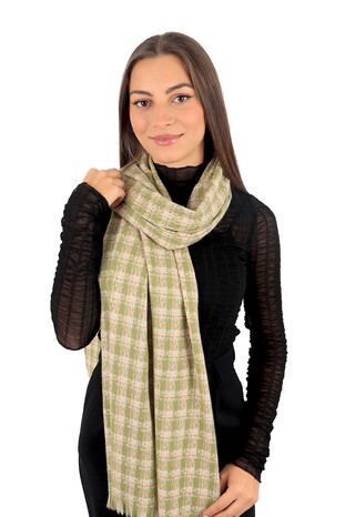 Green Cream Plaid Pattern Winter Shawl - Thumbnail