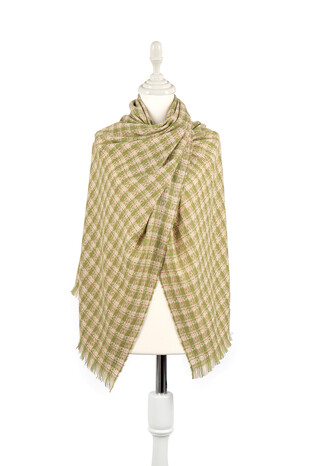 Green Cream Plaid Pattern Winter Shawl - Thumbnail