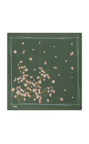 Green Daisy Pattern Twill Silk Square Scarf - Thumbnail