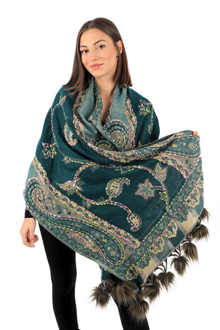 Green Embroidered Pompom Winter Shawl - Thumbnail
