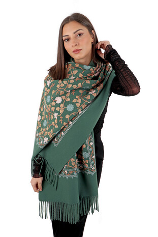 Green Embroidered Winter Shawl - Thumbnail