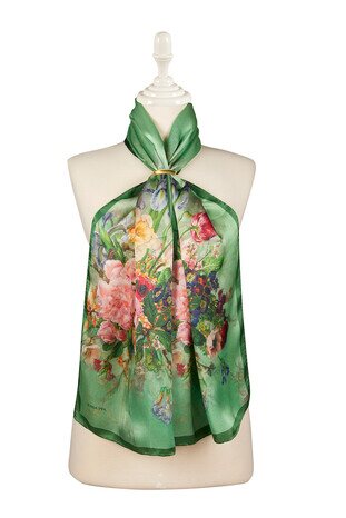 Green Floral Narrow Silk Foulard - Thumbnail