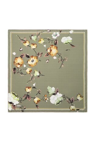 Green Floral Twill Silk Square Scarf - Thumbnail