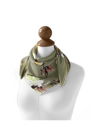 Green Floral Twill Silk Square Scarf - Thumbnail