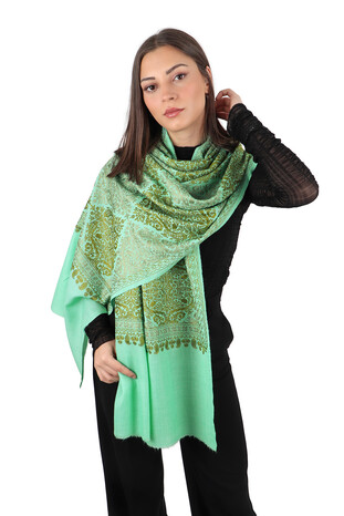 Green Khaki Embroidered Suzani Wool Shawl - Thumbnail