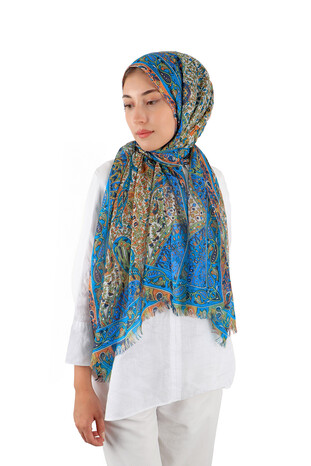 Green Patterned Indian Silk Scarf - Thumbnail