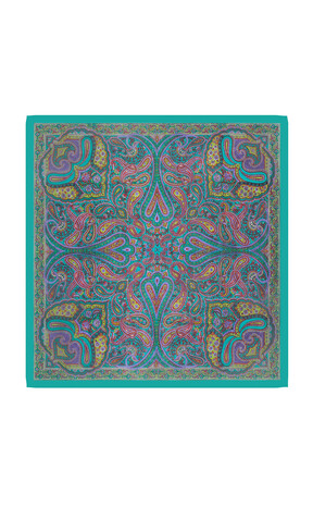 Green Patterned Indian Silk Square Scarf - Thumbnail