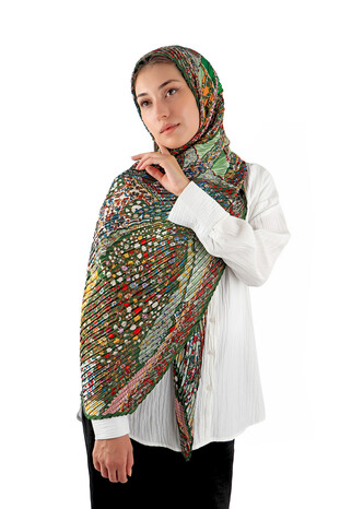 Green Patterned Pleated Scarf - Thumbnail