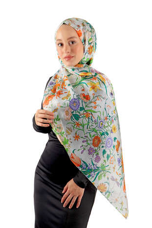 Green Patterned Voile Silk Imported Scarf - Thumbnail