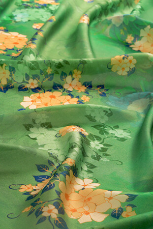 Green Patterned Voile Silk Imported Scarf - Thumbnail