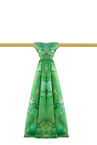 Green Patterned Voile Silk Imported Scarf - Thumbnail