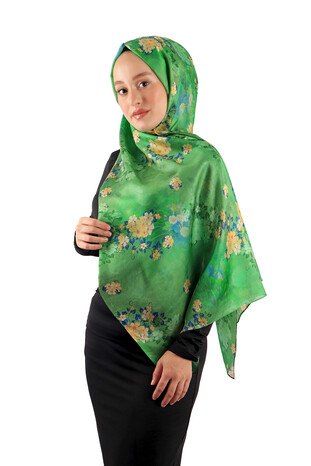 Green Patterned Voile Silk Imported Scarf - Thumbnail